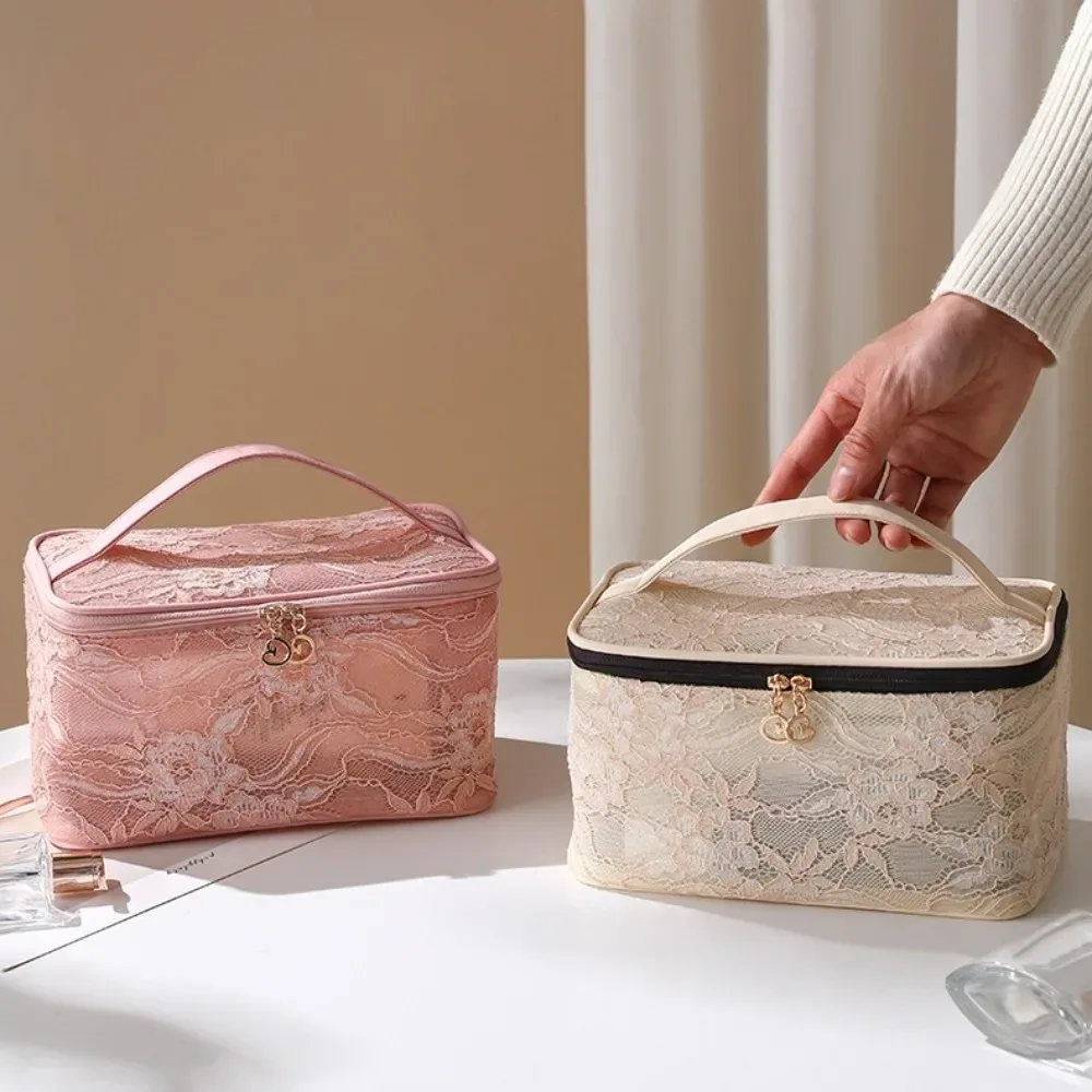 sac de maquillage portable élégant, motif floral en dentelle, trousse de toilette de voyage avec poignée, sac à main de grande capacité pour femmes