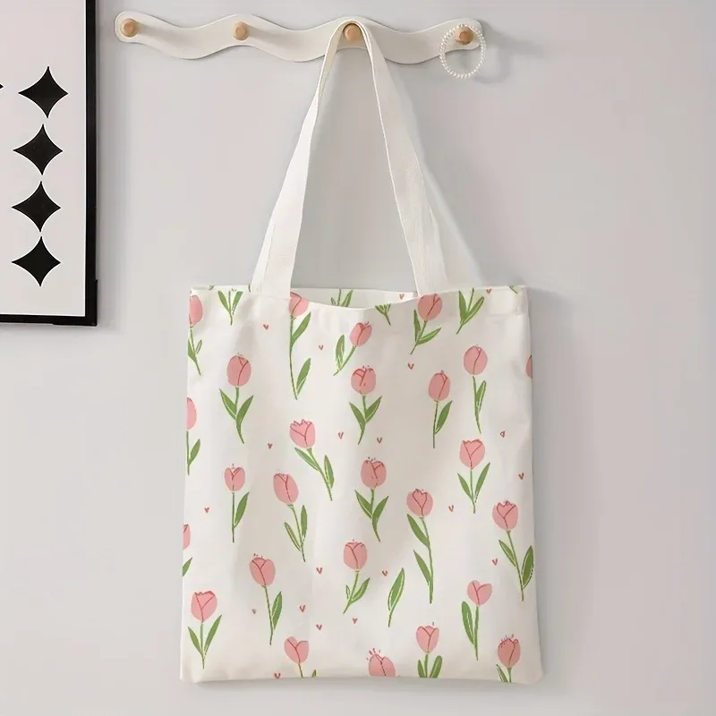 sac fourre-tout imprimé à motif de lettres florales, sac à bandoulière réutilisable à la mode, sac à main en polyester, sac de shopping léger et décontracté