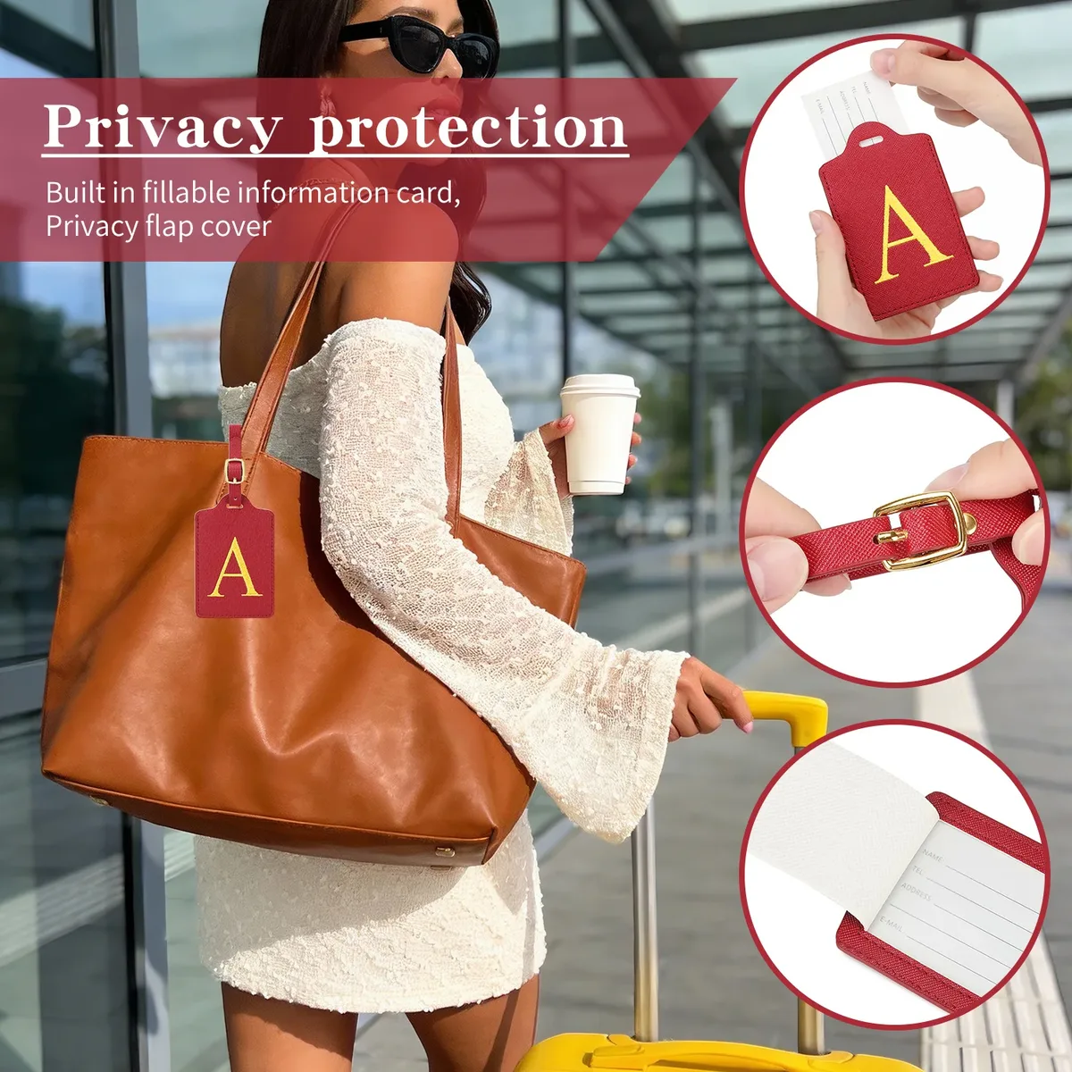 étiquettes de bagage miyin 26 lettres en cuir pu pour valises, protection de la vie privée, accessoires de voyage essentiels, rouge éclatant