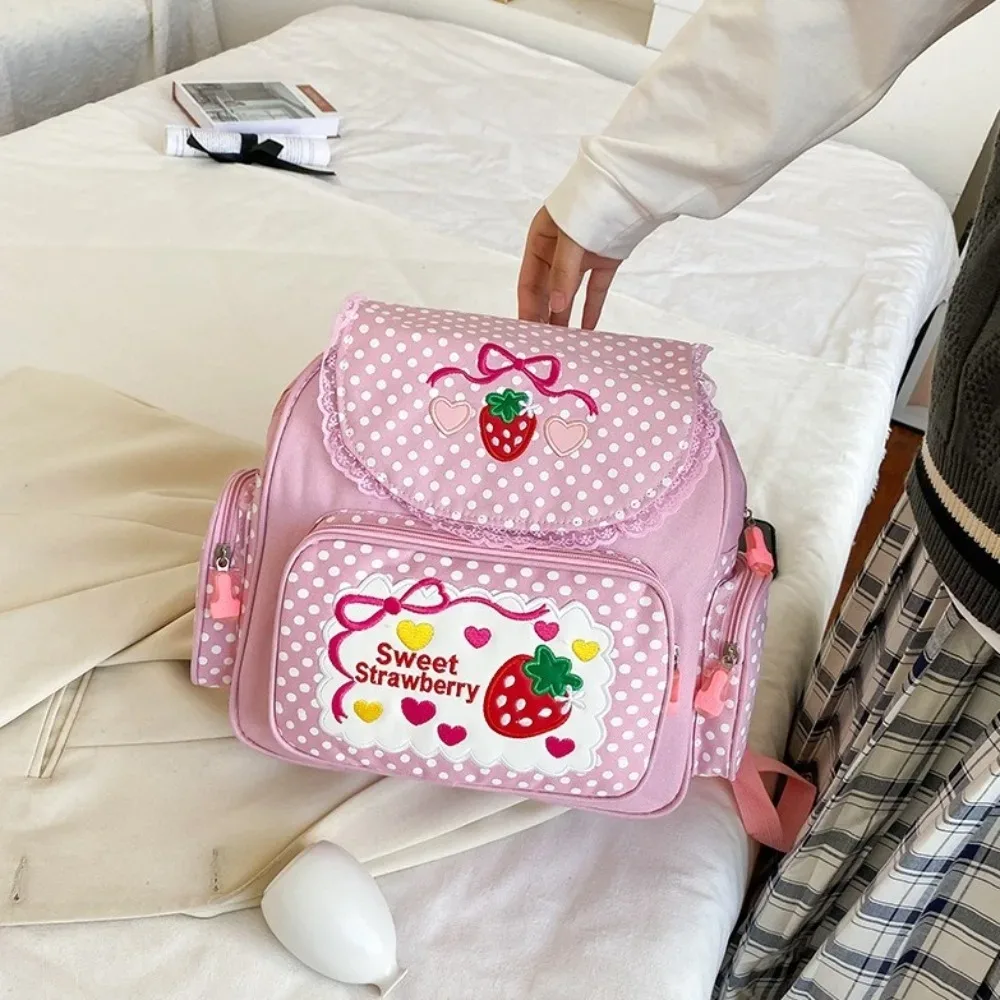 sac à dos scolaire tendance pour fille, motif fraise de dessin animé, à pois, avec nœud, multi-poches, pour étudiante