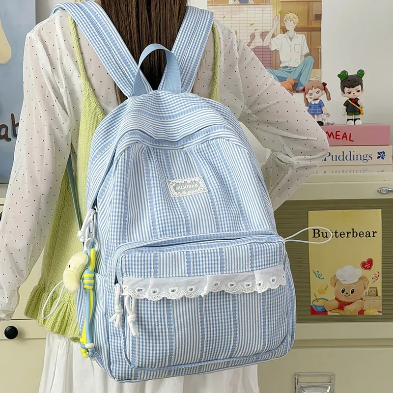 sac à dos coréen simple et esthétique en dentelle à volants, couleur unie, rayé, grande capacité, pour étudiantes, idéal pour l'école, les trajets quotidiens et les voyages