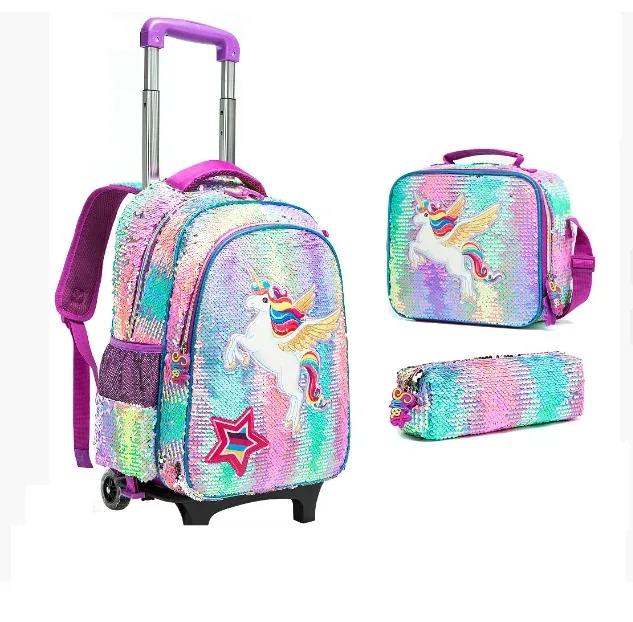sac à dos d'école 3 en 1, sac à dos à roulettes, sac à roulettes avec sac à déjeuner, sac à stylos pour filles, sac à dos roulant pour filles