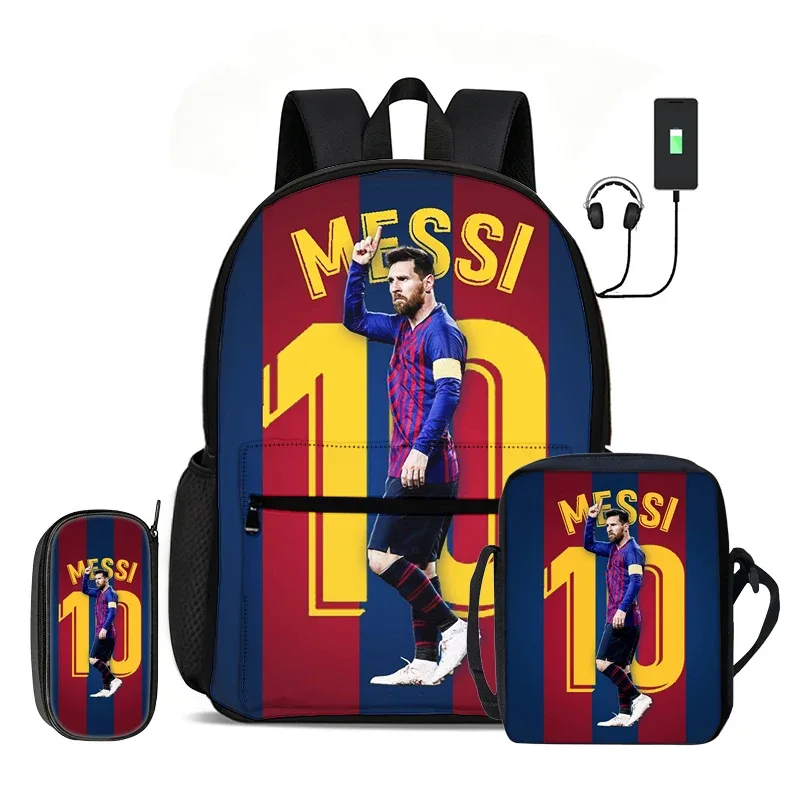 Ensemble de 3 pièces M-Messi pour enfants : Sac à dos, sac à bandoulière, trousse à crayons, sac à dos de footballeur, sac à dos d'apprentissage, sac à dos de voyage, sac à dos de sport