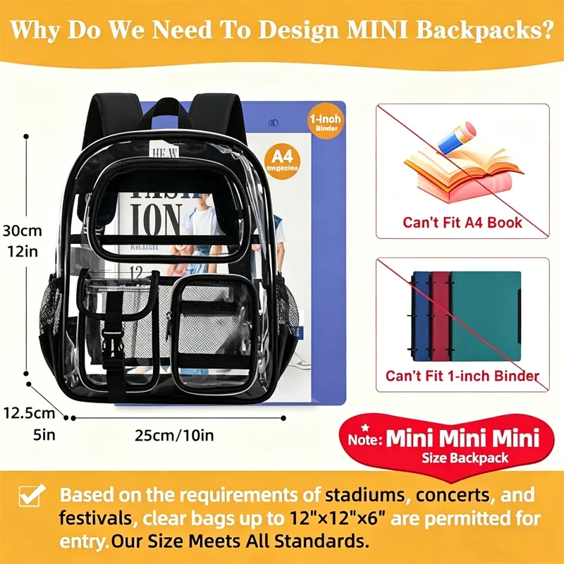 mini sac à dos transparent approuvé pour le stade, petit sac à dos transparent pour femmes, idéal pour les événements sportifs, les concerts et l'usage quotidien