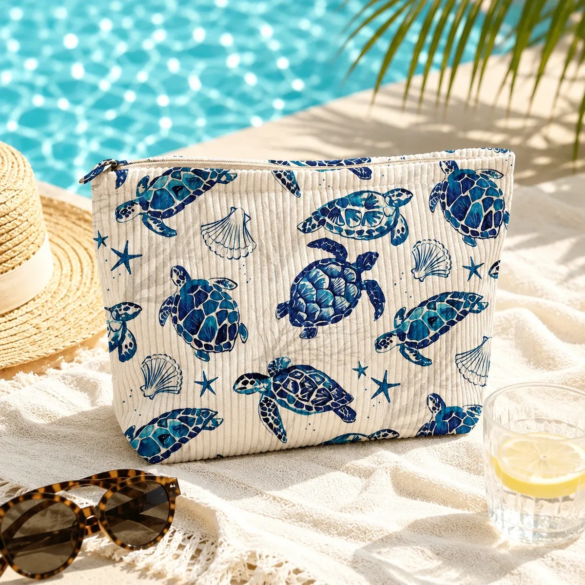 Trousse de Maquillage en Velours Côtelé Bleu Tortue Marine Grande Capacité, Organisateur de Toilette de Voyage pour Femmes, Essentiels de Vacances à la Plage