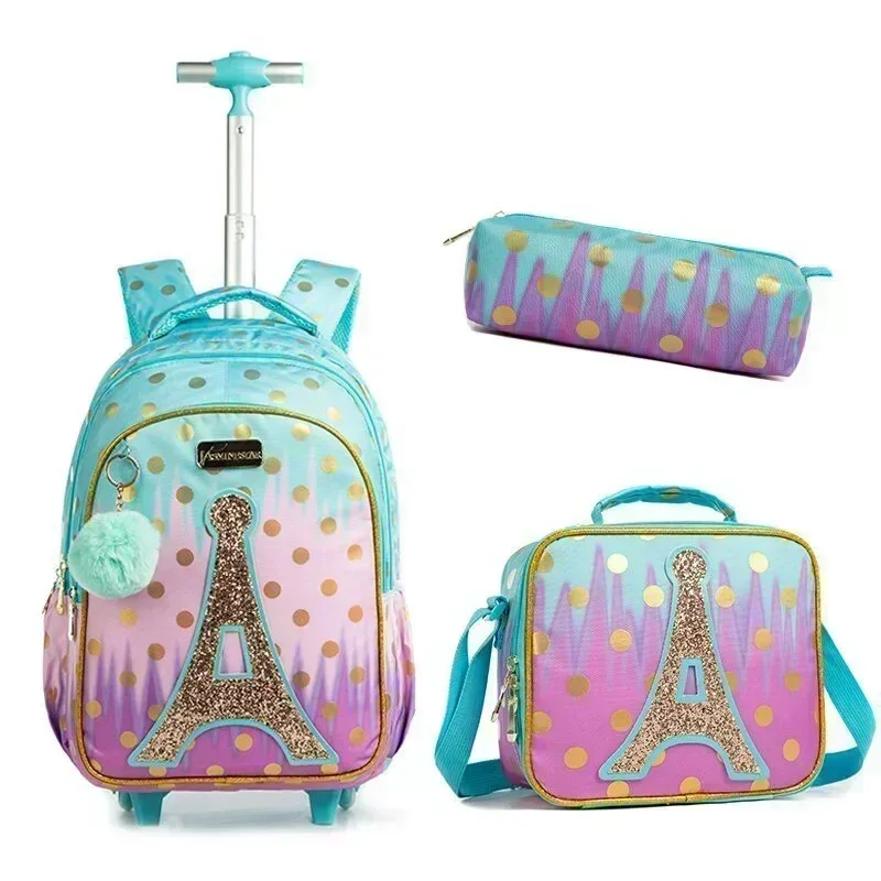 ensemble de sac à dos à roulettes pour enfants avec boîte à lunch, sac à dos scolaire à roulettes, sac à dos trolley pour filles