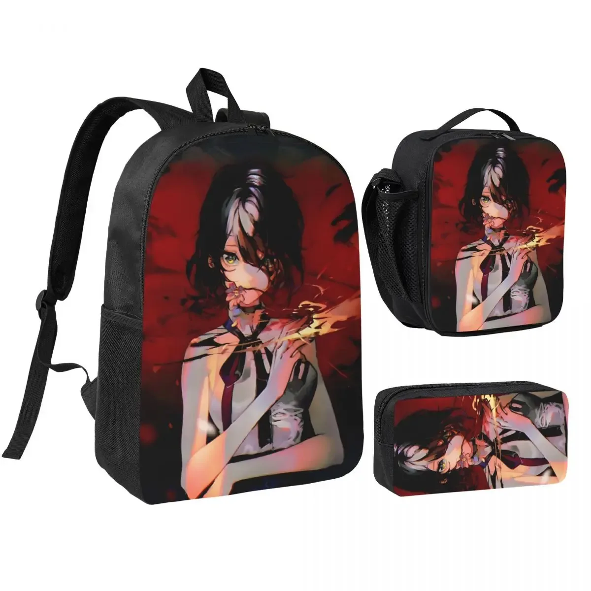 anime tronçonneuse homme 3pecs/ensemble sac à dos pour étudiant ordinateur portable sac à bandoulière sac à déjeuner trousse à crayons