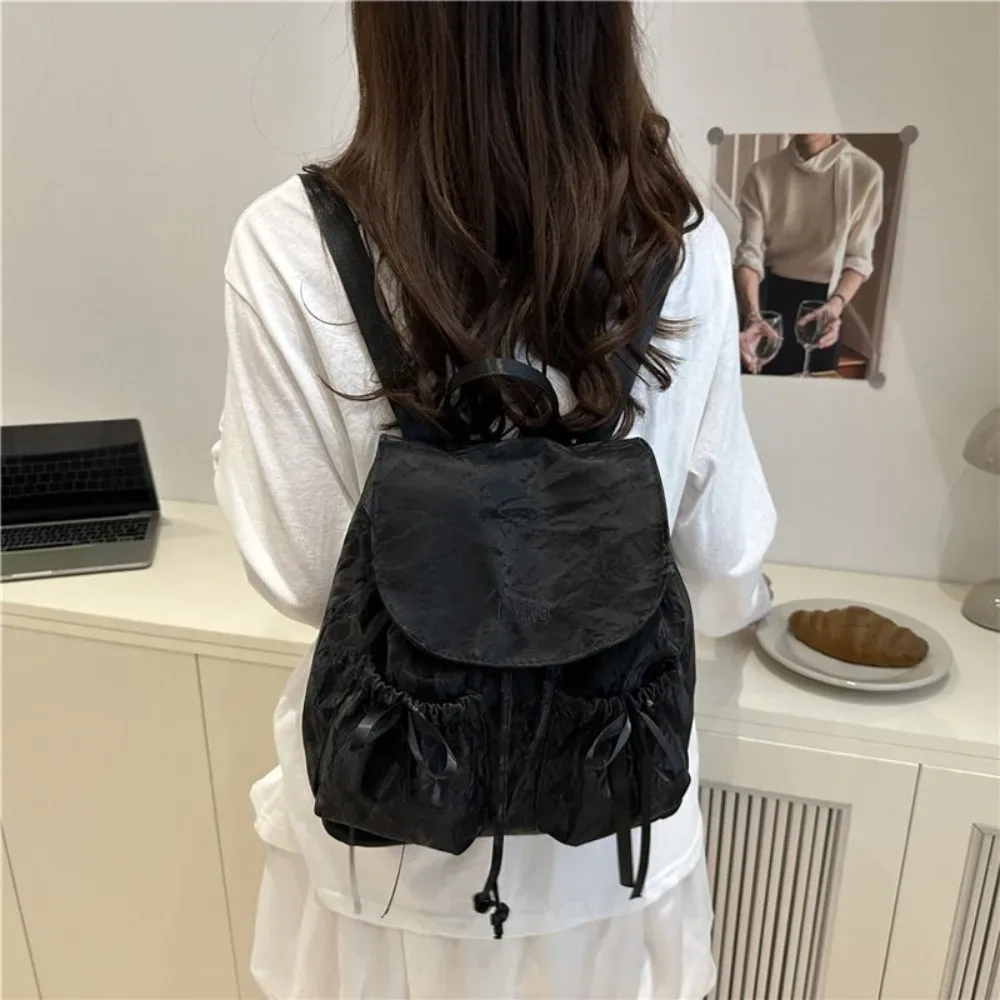 sac à dos à nœud mignon pour femmes, sac à dos avec cordon de serrage de grande capacité pour étudiants, sac de voyage de couleur unie pour l'extérieur