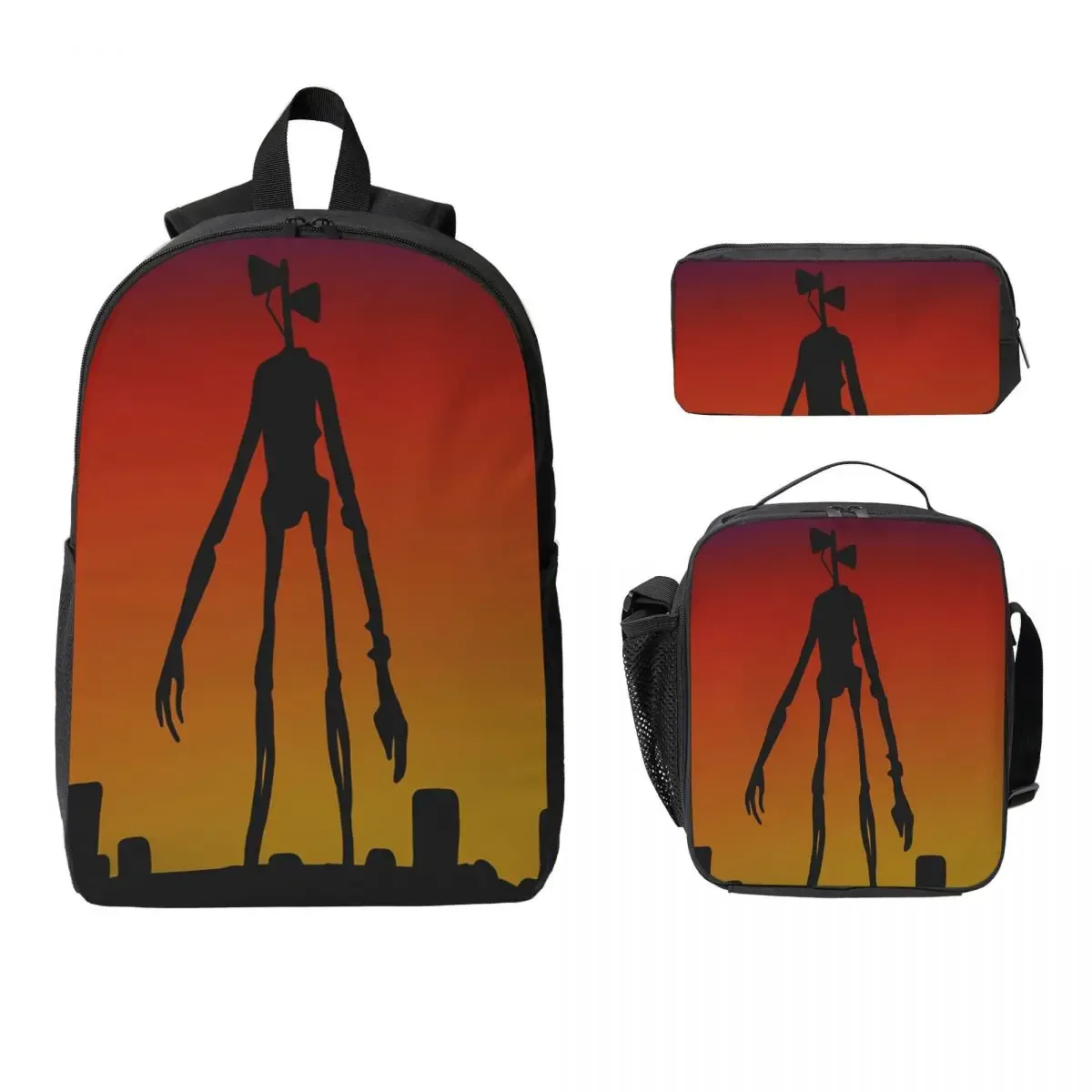 sac à dos cartoon horror creepypasta siren head, sac d'école, sac à bandoulière pour ordinateur portable, sacs à bandoulière, 3 pièces, sac à déjeuner isotherme, trousse à crayons