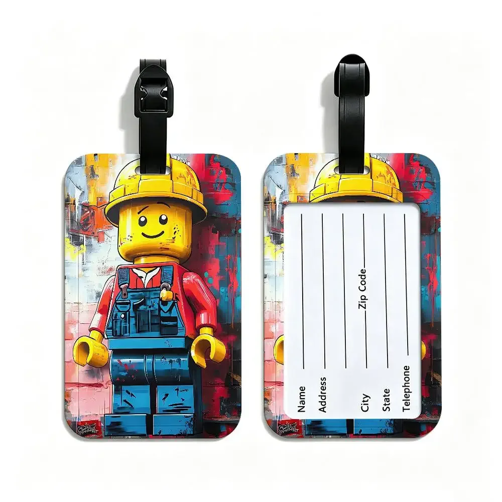 étiquette de valise en pvc anti-perte l-legos avec carte d'information, motif de dessins animés représentant diverses professions, identifiant de bagages léger pour les voyages quotidiens.