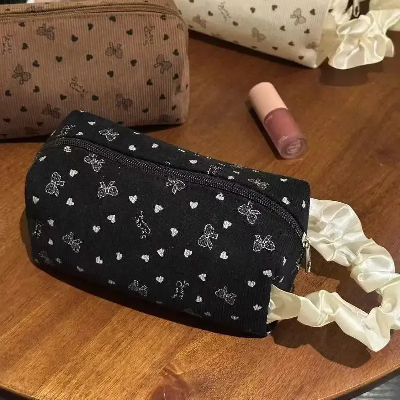 kawaii – trousse de maquillage avec nœud en velours côtelé, grande capacité, sacs à cosmétiques multifonctionnels pour femmes, étuis à main, trousse à crayons, sac de rangement