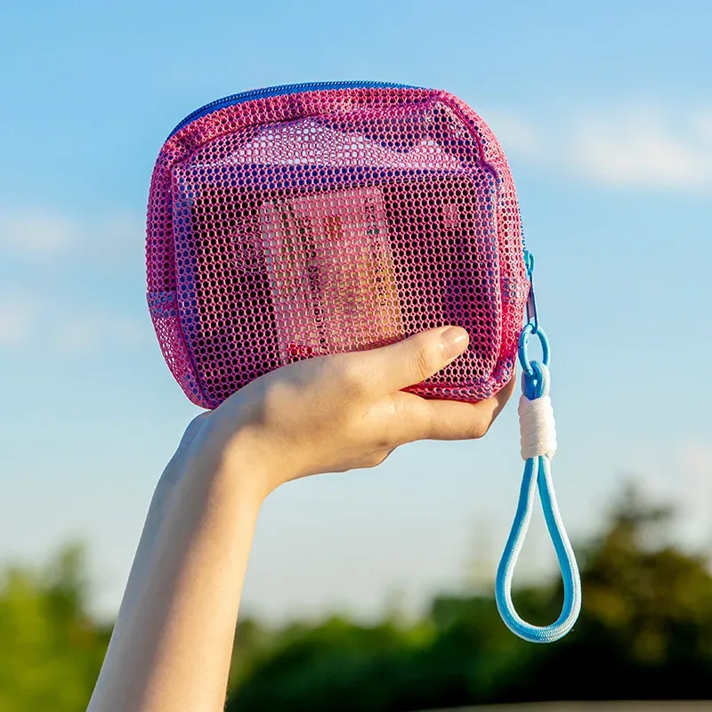 sac de rangement carré en maille avec fermeture éclair, trousse de maquillage tendance pour voyage, grande capacité, pour rouge à lèvres, écouteurs et monnaie
