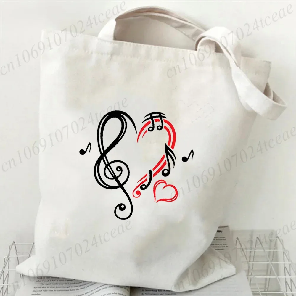 sac fourre-tout en toile pour femme, motif notes de musique, grande capacité, réutilisable, pour le quotidien