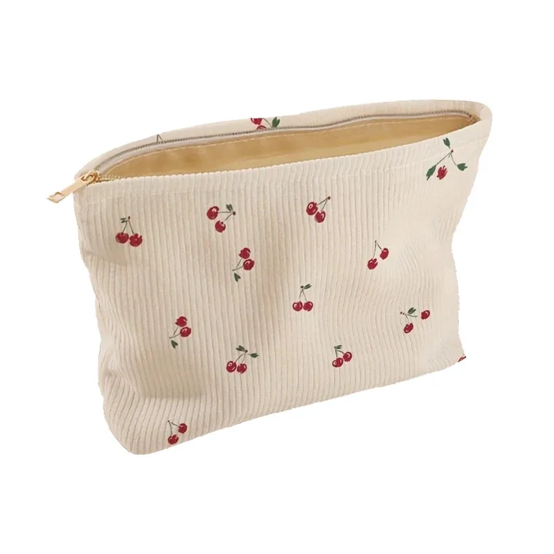 trousse de maquillage en velours côtelé imprimé cerises, boîte de rangement légère à fermeture éclair, sac multifonctionnel avec doublure