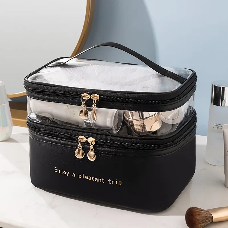 sac de toilette imperméable en pvc pour femme 2026, sac de voyage portable en cuir, grande capacité, organiseur de maquillage de voyage