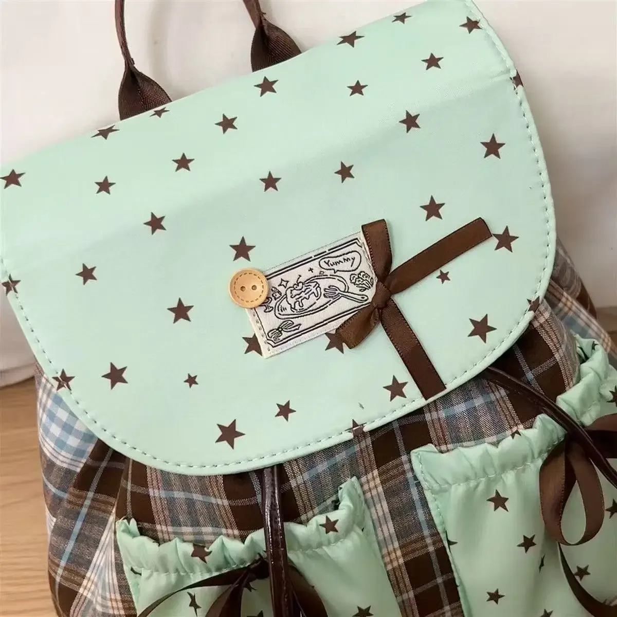 sac à dos coréen à carreaux et imprimé étoiles pour femmes, sac d'école à cordon avec nœud, esthétique y2k, sac de voyage décontracté pour adolescentes