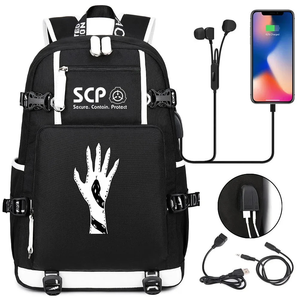 sac à dos scp foundation cartable noir, sacs d'école de dessin animé pour enfants adolescents, sac à dos de voyage scp, sacs initiés par ordinateur portable usb