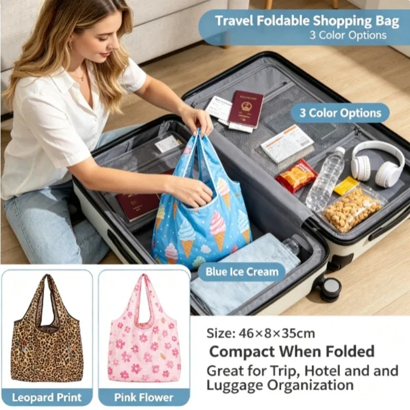 sac de courses pliable en nylon de taille moyenne, sac à main léger et imperméable à porter à l'épaule, sac fourre-tout réutilisable et écologique