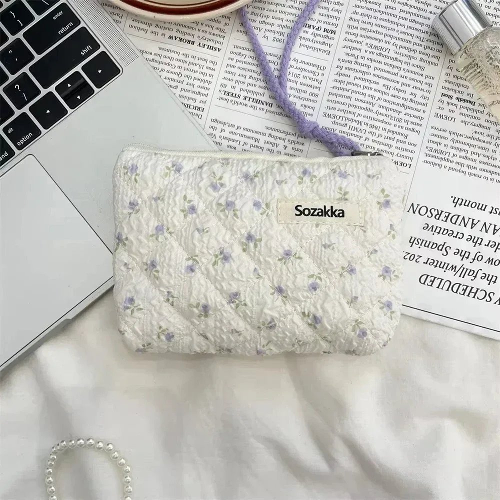 sac de maquillage imprimé en toile pour femmes, mignon, portable, style coréen, petits sacs à cosmétiques, étui de rangement de voyage, trousse de toilette