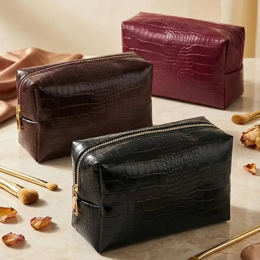 sac à maquillage en cuir pu imperméable, grande capacité, motif crocodile gaufré, fermeture à glissière, pochette cosmétique, utilisation en voyage