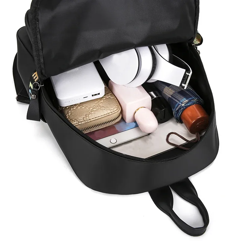 sac à dos antivol élégant grace, sac à dos portable en nylon noir avec joli ornement de lettres colorées pour femme, idéal pour le quotidien