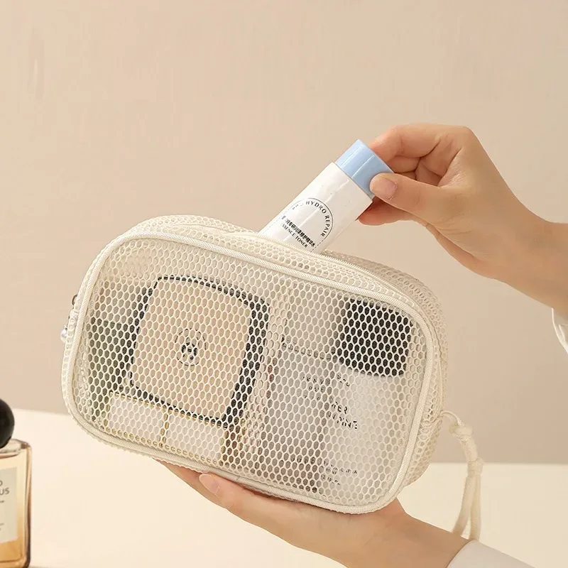 sac à cosmétiques en nylon décontracté, à main, avec fermeture éclair, sacs à maquillage en maille, sacs de toilette multifonctionnels en maille, pour femmes