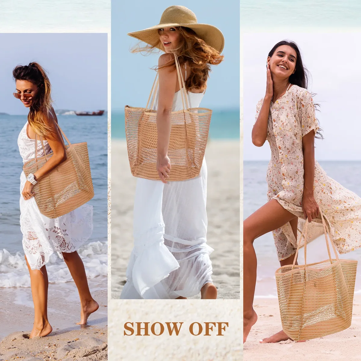 sac de plage grande capacité pour femme, pliable, en maille, sac de natation, sac à bandoulière tissé avec ouverture supérieure pour les voyages et le shopping