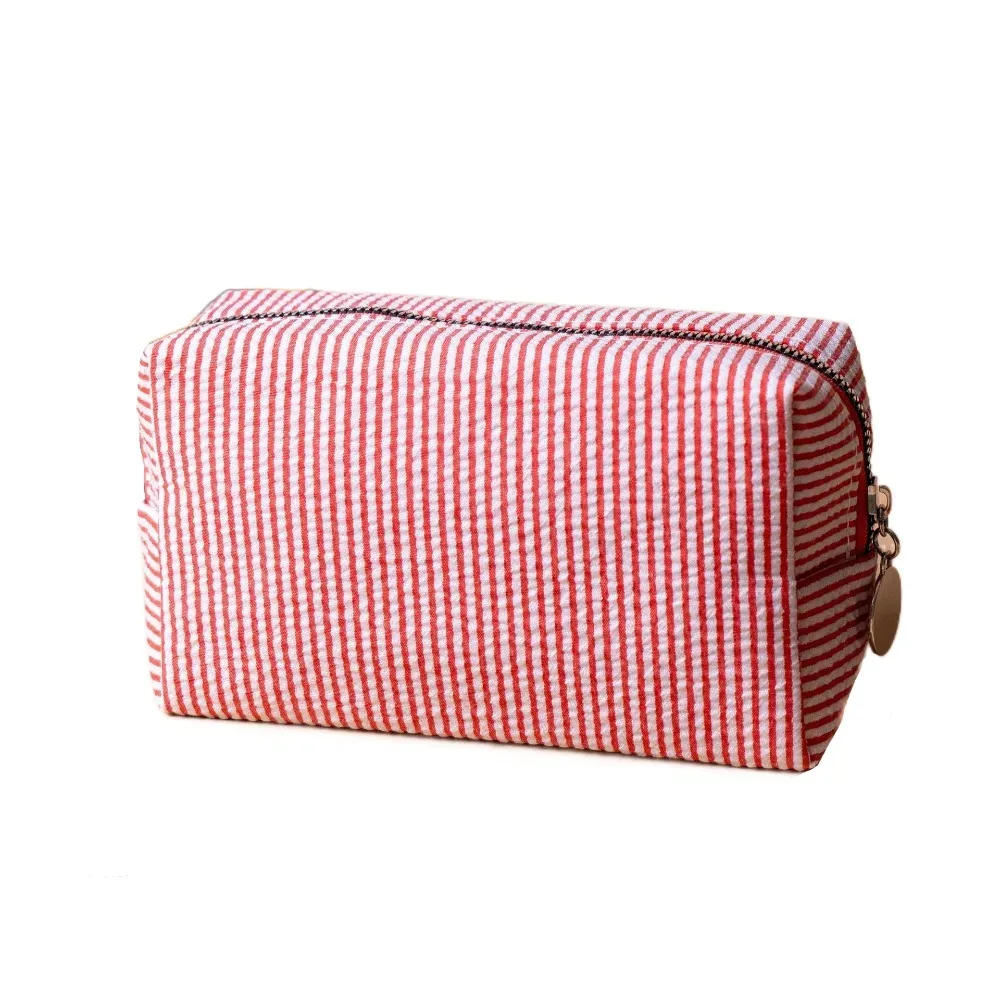 sac de maquillage rayé mignon, fermeture à glissière, pochette de toilette en tissu seersucker souple, trousse à crayons polyvalente de grande capacité, usage quotidien