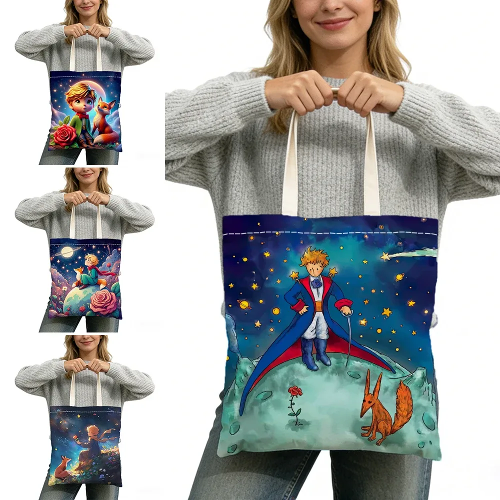 Sac fourre-tout imprimé double face sans fermeture éclair, Star Boy Cute Fox Cosmic Rose, 40x45 cm, sac à bandoulière pour usage quotidien, shopping, apprentissage, extérieur