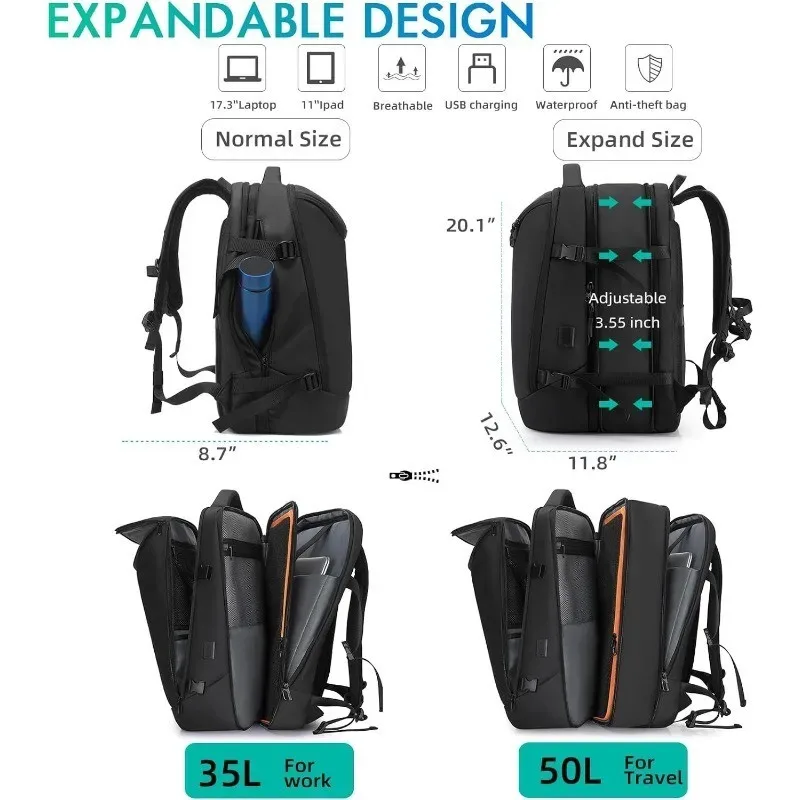 sac à dos de voyage extensible de 40l à 50l avec 3 cubes d'emballage, pour ordinateur portable de 17.3 pouces, grande capacité, pour hommes et femmes