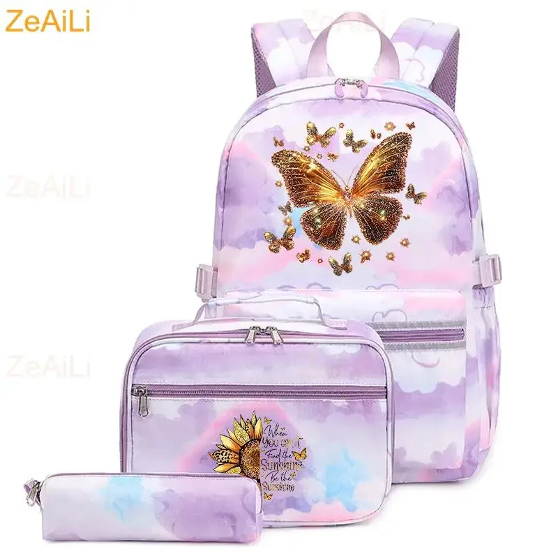 lot de 3 sacs à dos mignons pour étudiants et adolescents, motif patte de chien et chat, couleur violette, avec sac à déjeuner, sac de voyage coloré, sacs d'école pour garçons et filles, ensembles de mochilas