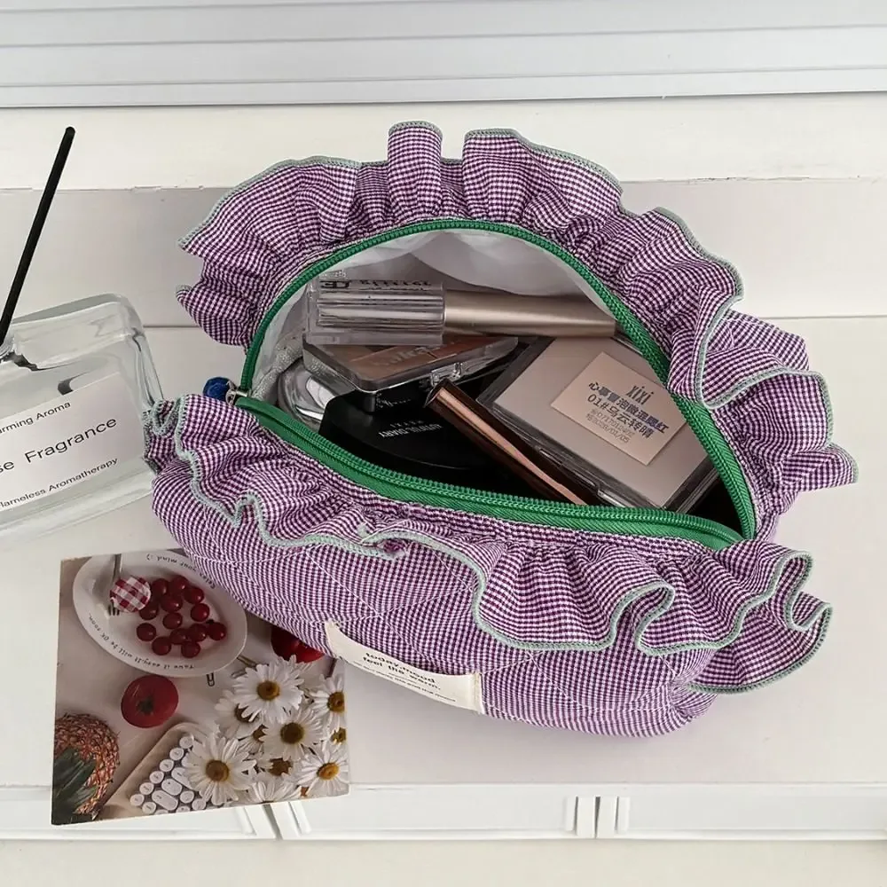 sac de maquillage cosmétique vintage vichy portable, organisateur, pochette cosmétique de grande capacité, bords à volants, pochette en dentelle douce, usage quotidien