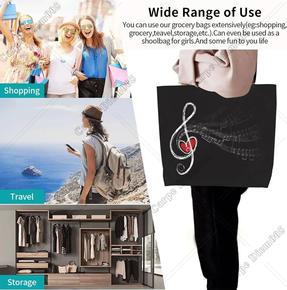 grand sac fourre-tout réutilisable pour femme, sac à main décontracté, sac d'épicerie polyvalent, travail en plein air, marche, notes de musique