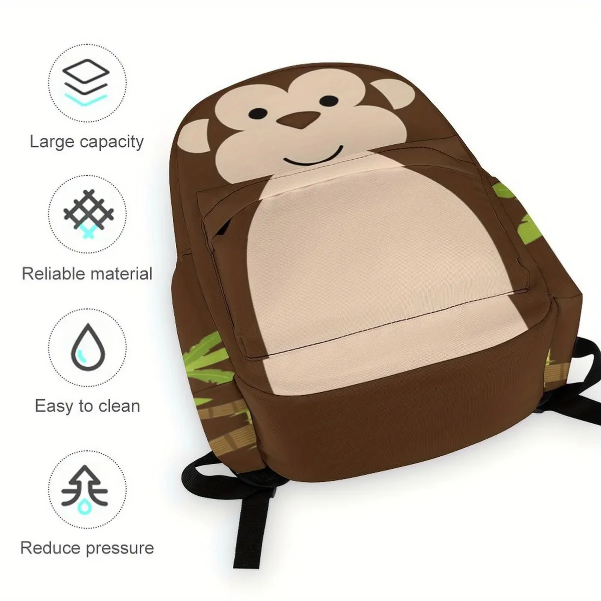 sac à dos d'université léger et mignon, imprimé singe de dessin animé, tissu oxford avec bretelles réglables et détachables, plusieurs