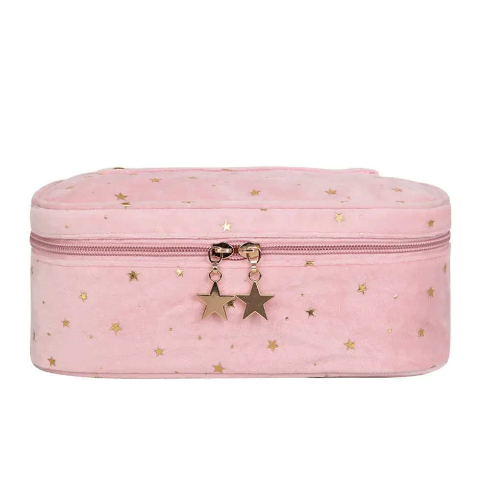 trousse de toilette de voyage grande capacité en velours motif étoiles bronzées, sac de rangement cosmétique en forme de coquille cubique pour femme