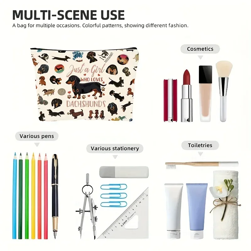 trousse de rangement pour cosmétiques et voyages pour femmes, jolie pochette de maquillage pour chien teckel avec fermeture à glissière, trousse de maquillage beige