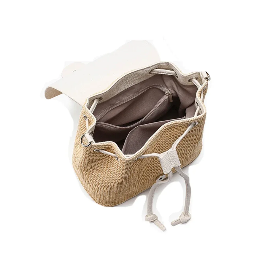 sac à dos en paille et pu pour femmes, sac à bandoulière avec cordon de serrage, sac de jour de voyage de grande capacité pour adolescentes