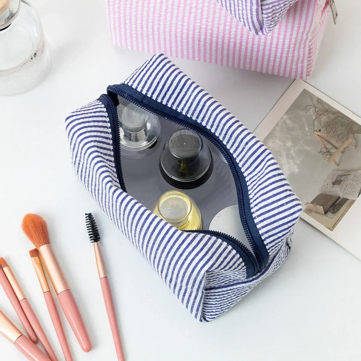 Sac à cosmétiques rayé, trousse de maquillage rose violet pour femmes, organisateur de voyage avec fermeture éclair