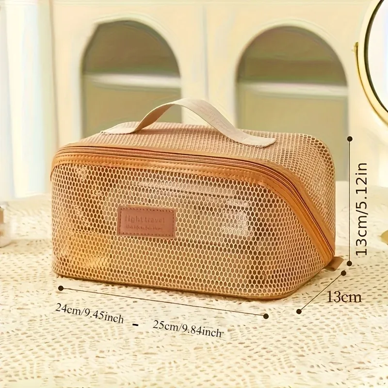 sac de maquillage à main en maille de grande capacité, fermeture éclair, multicouche, maille transparente, sac à cosmétiques, étui de rangement carré