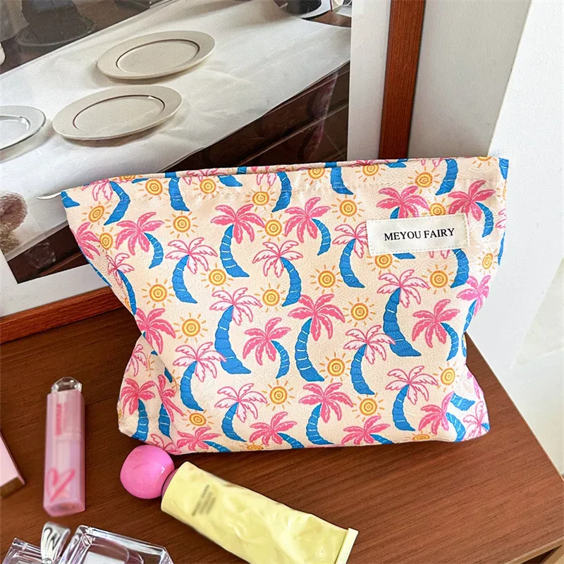 trousse de toilette portable à motif palmier tropical, sac de voyage pour maquillage et articles divers, organisateur à main pour vacances