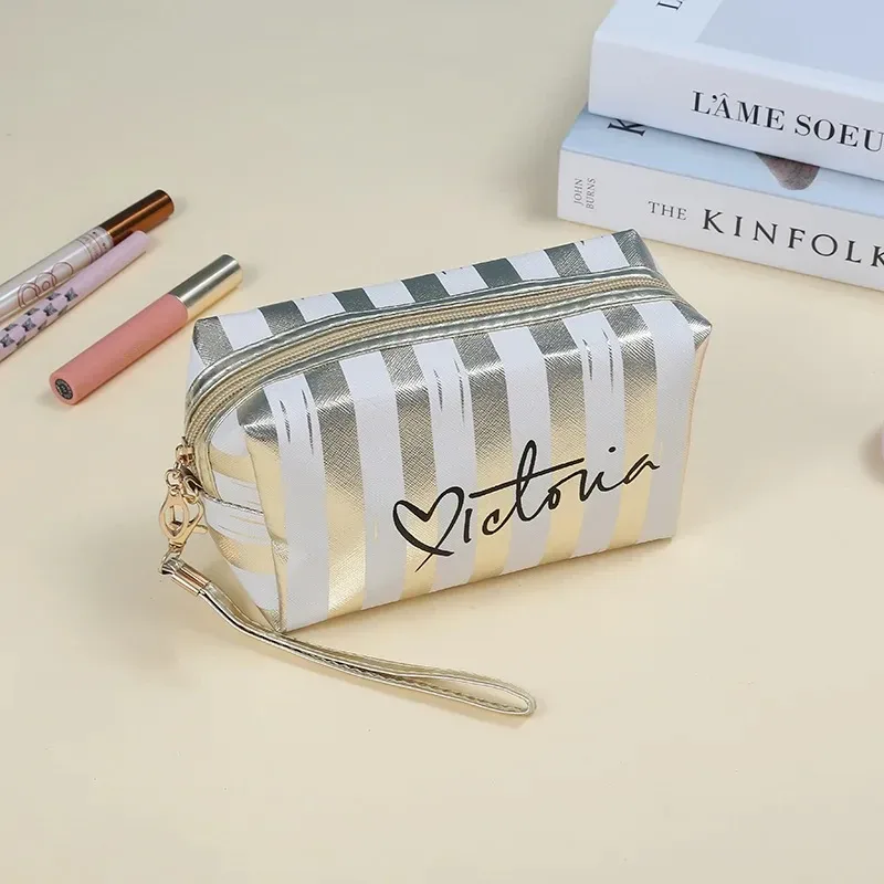 trousse de maquillage rayée portable et tendance pour femme – style coréen doux et cool, personnalisée et imperméable