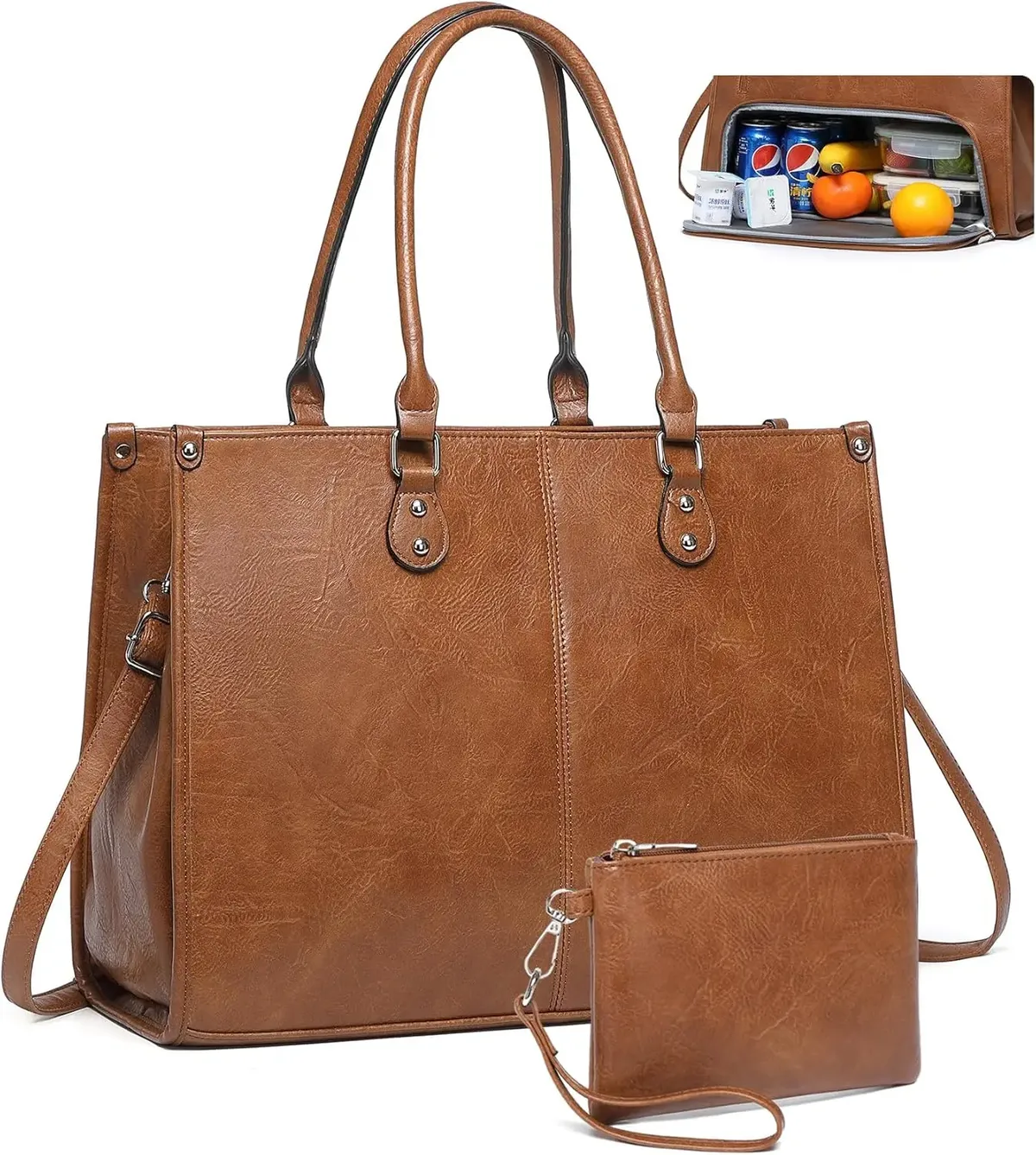 sac à main pour ordinateur portable 2 en 1 avec compartiment isotherme pour le déjeuner pour femmes au travail, sac à déjeuner en cuir pu avec compartiment pour ordinateur de 15,6 pouces