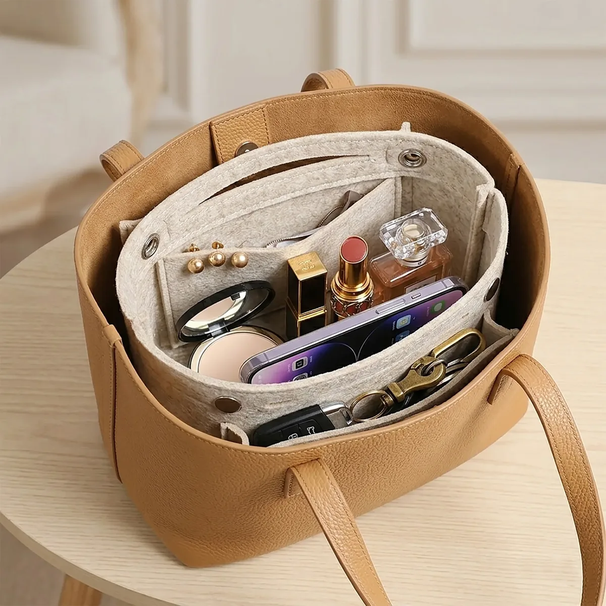 organisateur de sac à main en feutre ultra-plat avec fermeture à bouton-pression, sac de maquillage intégré avec plusieurs poches pour sac à main et sac fourre-tout