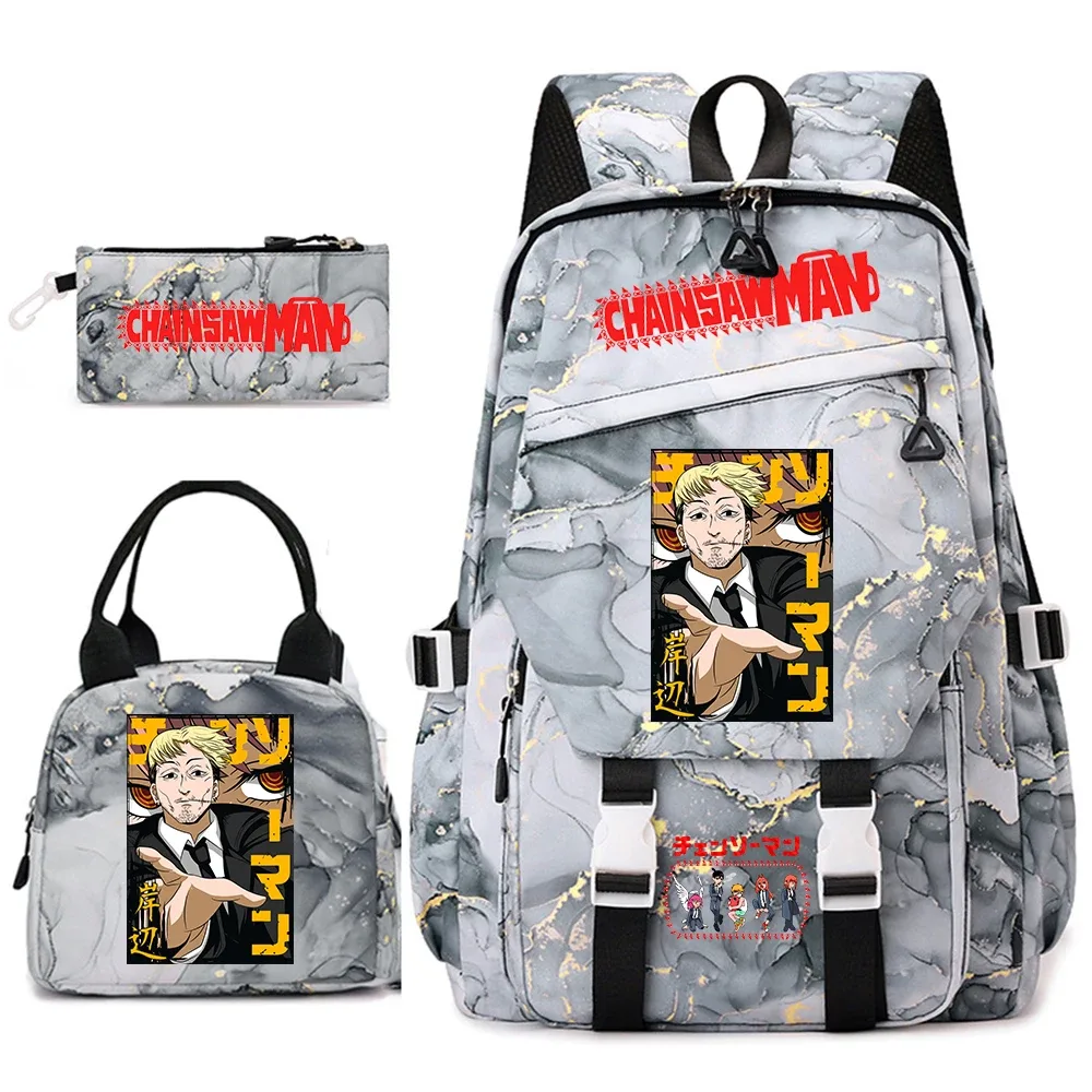 ensemble de sacs à dos pour étudiantes avec imprimé chainsaw man anime, pour filles, avec sac à lunch et trousse à crayons, pour une utilisation quotidienne à l'école