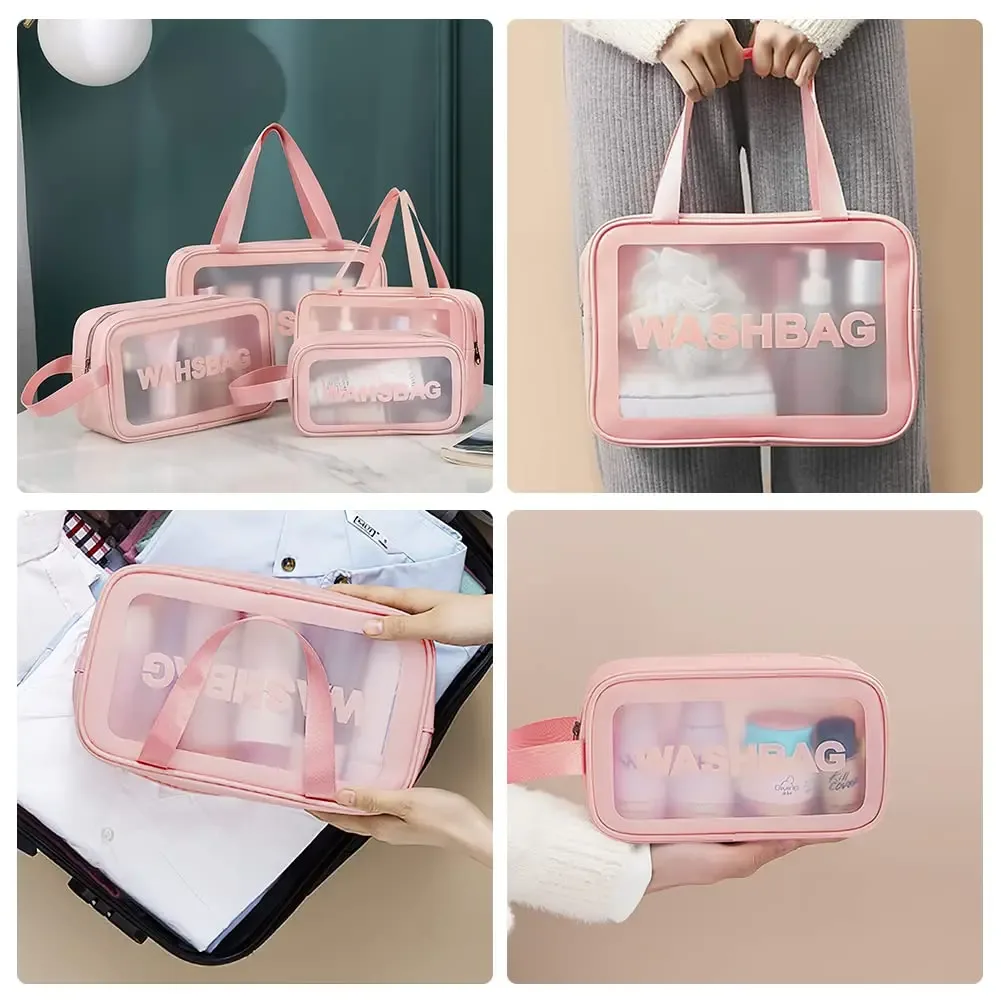 trousse de toilette de voyage portable en pu transparent pour hommes et femmes, sac de maquillage imperméable avec fermeture éclair et poignée pour l'aéroport et la salle de bain