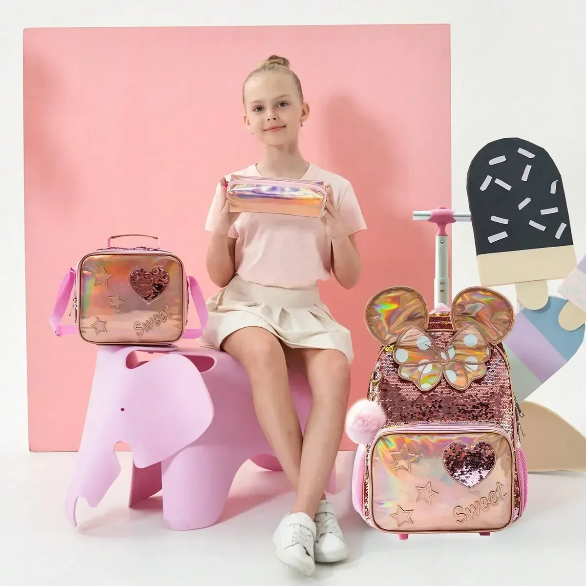 sac à dos roulant pour filles, pour enfants de l'école primaire, ensemble de sacs d'école à roulettes avec sac à déjeuner, sac à livres de voyage léger et durable mochila