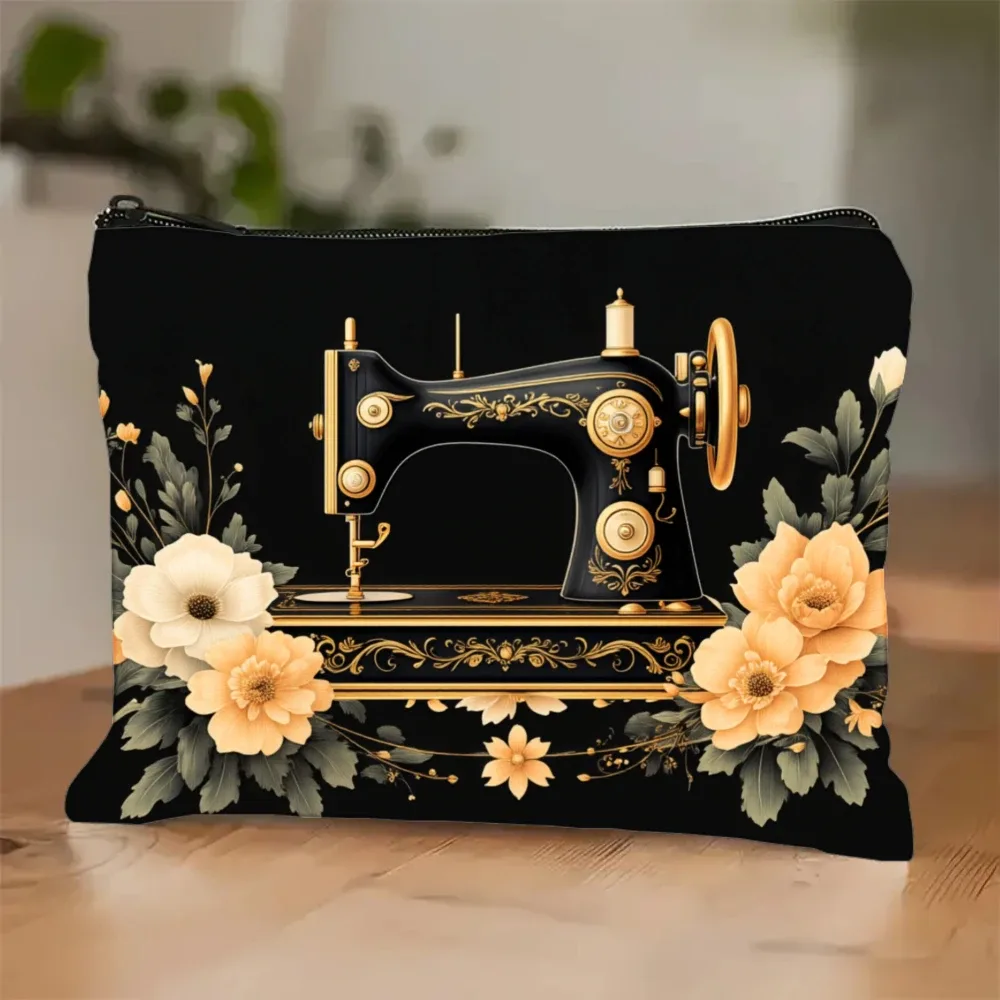 machine à coudre vintage avec décoration florale, sac de maquillage pliable léger avec fermeture éclair, pochette de rangement portable, trousse de beauté
