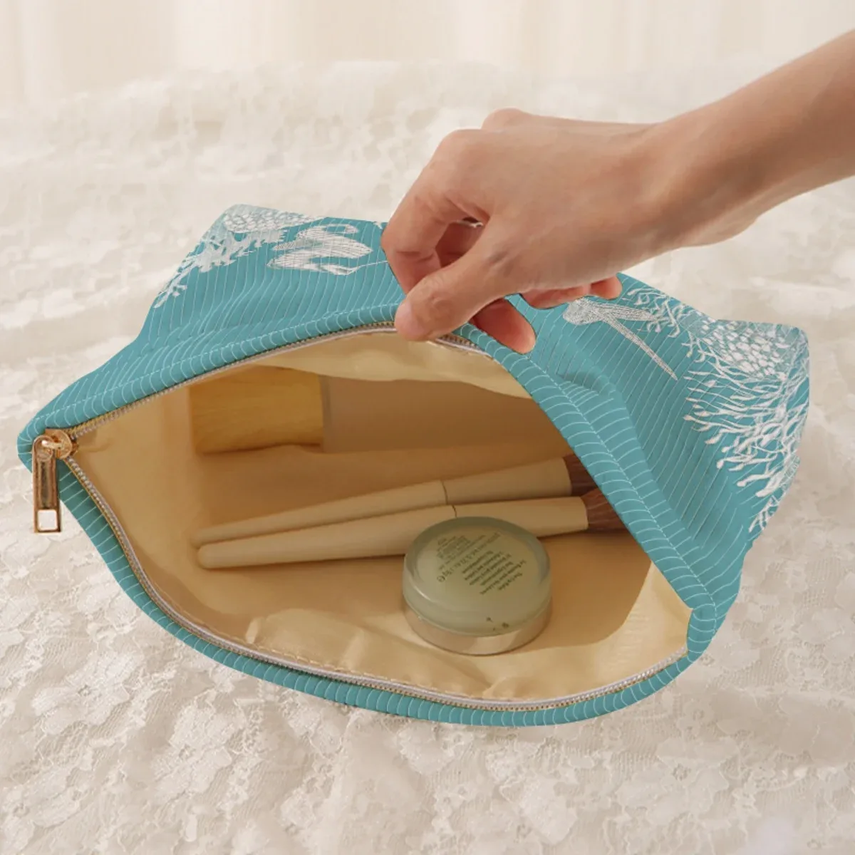 trousse de maquillage en velours côtelé à motif océan, boîte de rangement légère à fermeture éclair, sac multi