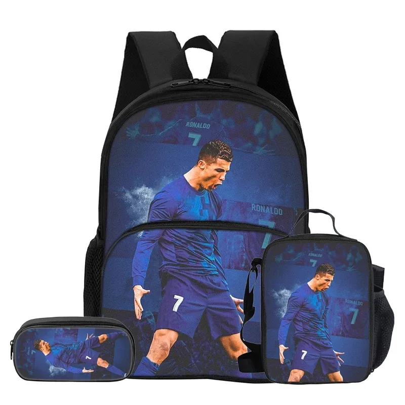 ensemble de 3 pièces avec sac à dos à poche avant ronaldo, sac isotherme pour le déjeuner, trousse à crayons cr, sac à dos de star du football