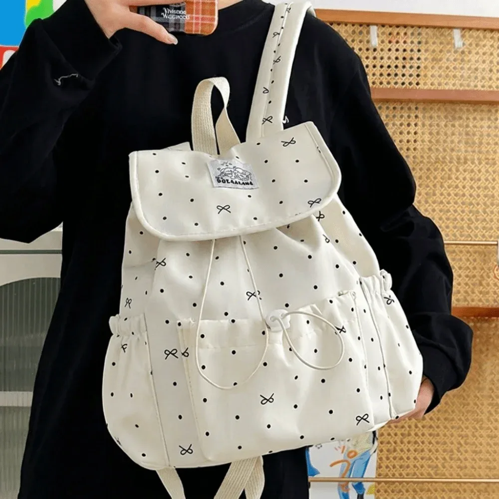 sac à dos de style japonais pour femmes, motif à pois, fermeture à cordon, sac à dos de grande capacité, sac de style preppy